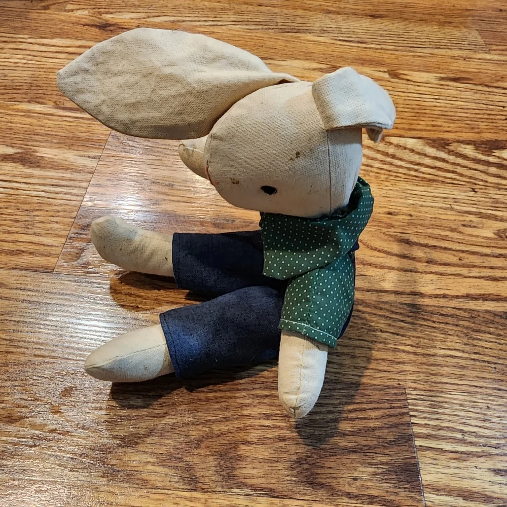 Rustic Primative Boy Bunny in Overalls and a Green Polka-dot Shirt approx. 13